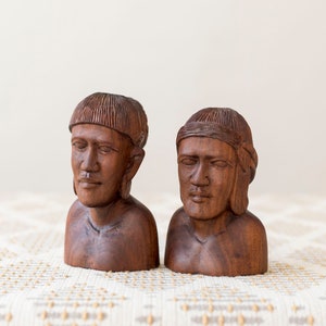 Hand-Carved Teak Wood Busts: Vintage Shelf Decor, Pair