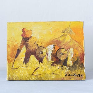 HARVESTING OIL PAINTING, Abstract impressionist oil painting, Signed 1982 painting, Landscape painting