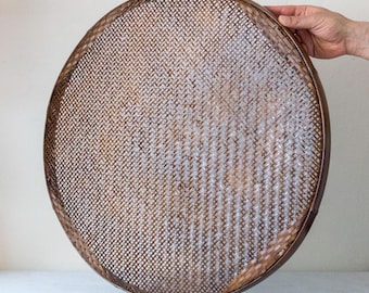 Antique Large 23in woven Rattan Wicker sifting tray, drying basket