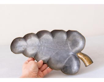 Antique Chinese PEWTER plantain leaf TRAY, Vintage pewter decorative tray