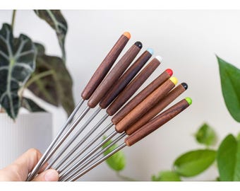 OSTER FONDUE FORKS, Mid century modern fondue forks, Stainless steel fondue picks, Multicolor fondue forks, Teak wood fondue forks, 8pc