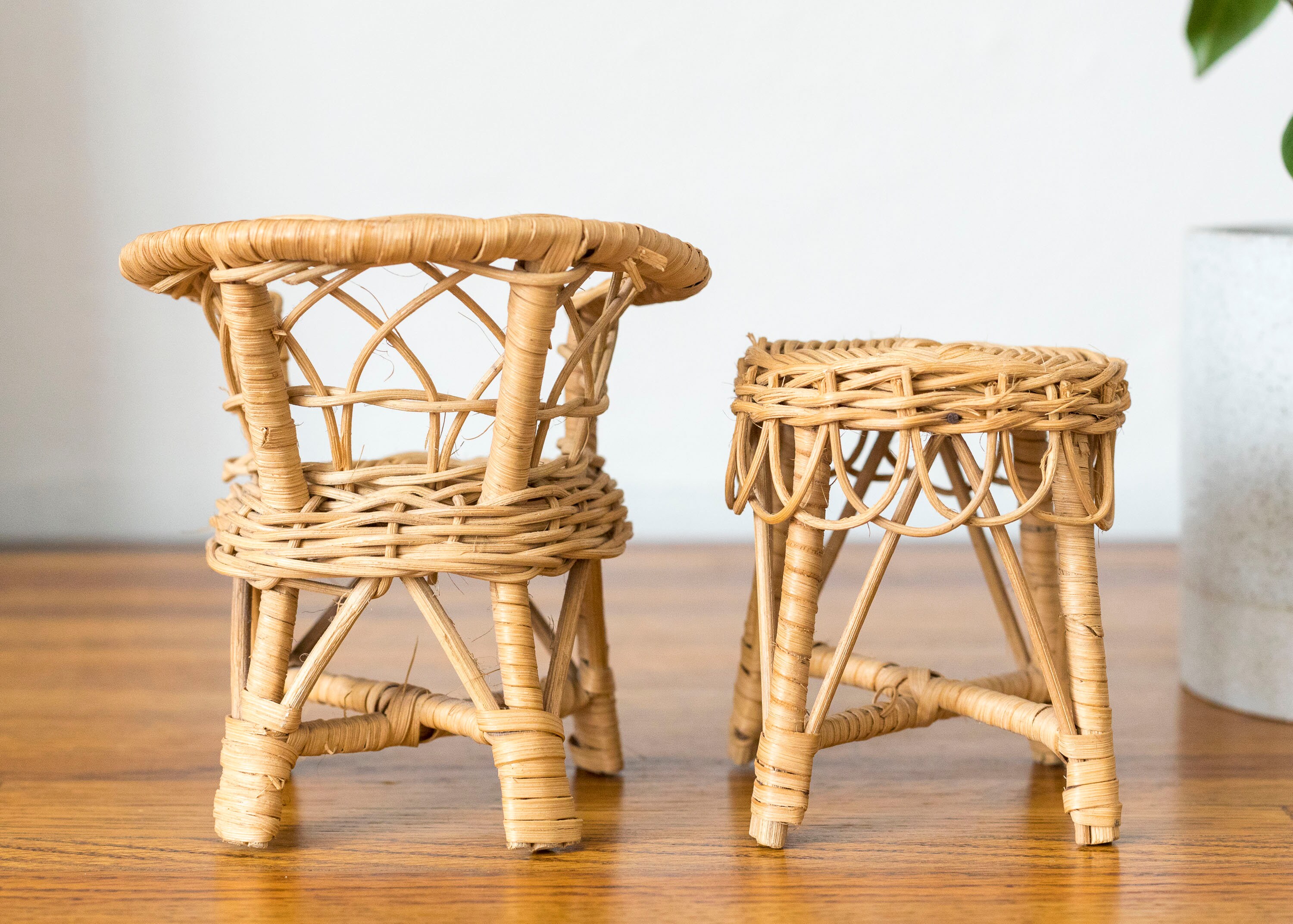 RATTAN Mini CHAIR and TABLE, Wicker Chair and Table, 1970's Style Dollhouse Furniture, Vintage ...
