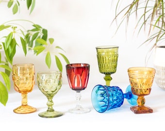 Vintage MISMATCHED GOBLETS, Multicolor goblets, Vintage colorful goblets, Retro barware, Collectible glass, Amber glass, Wine glasses, 6pc.