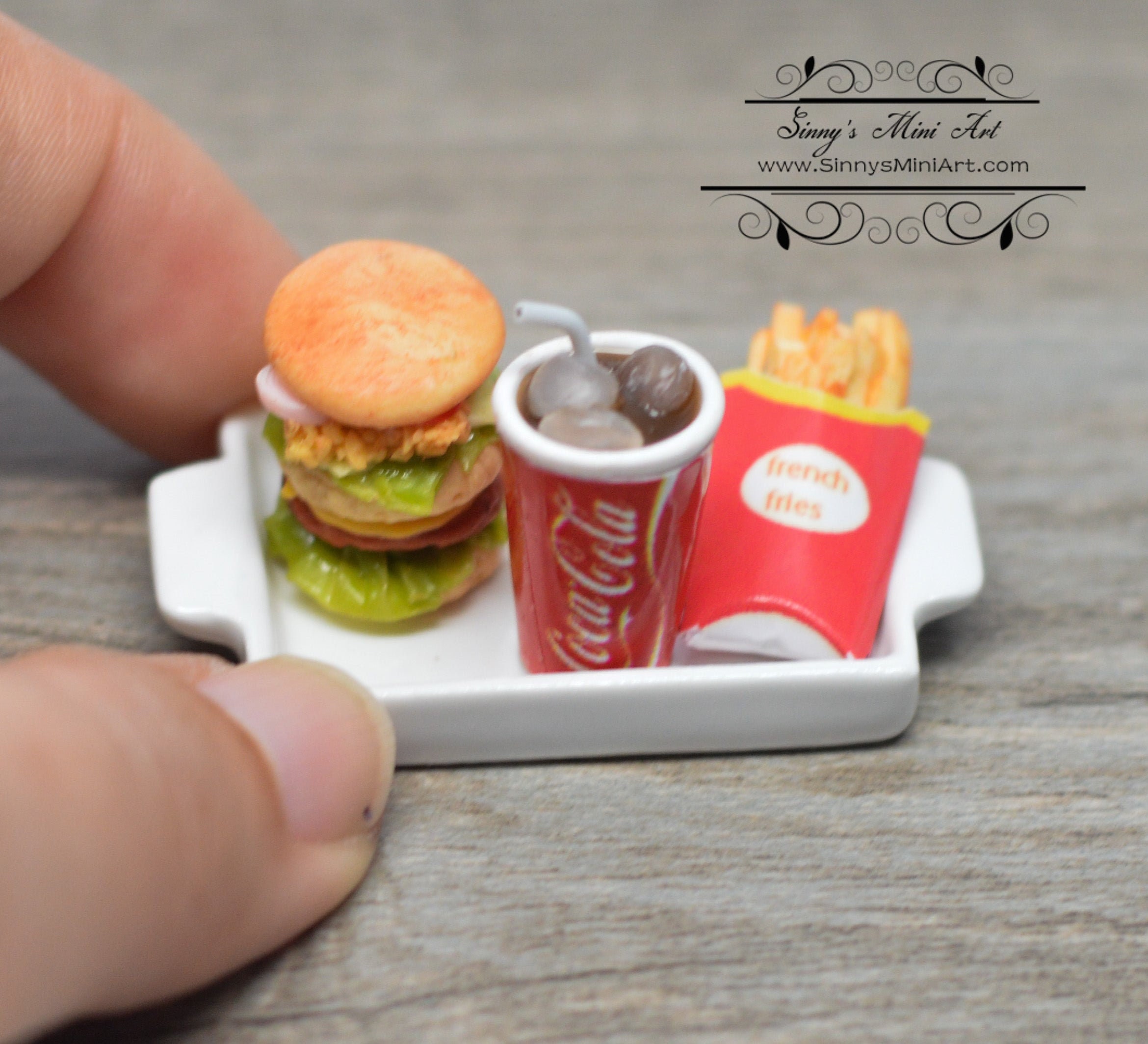 Dollhouse Miniatures Hamburger & French Fries on Plate w/Coke 