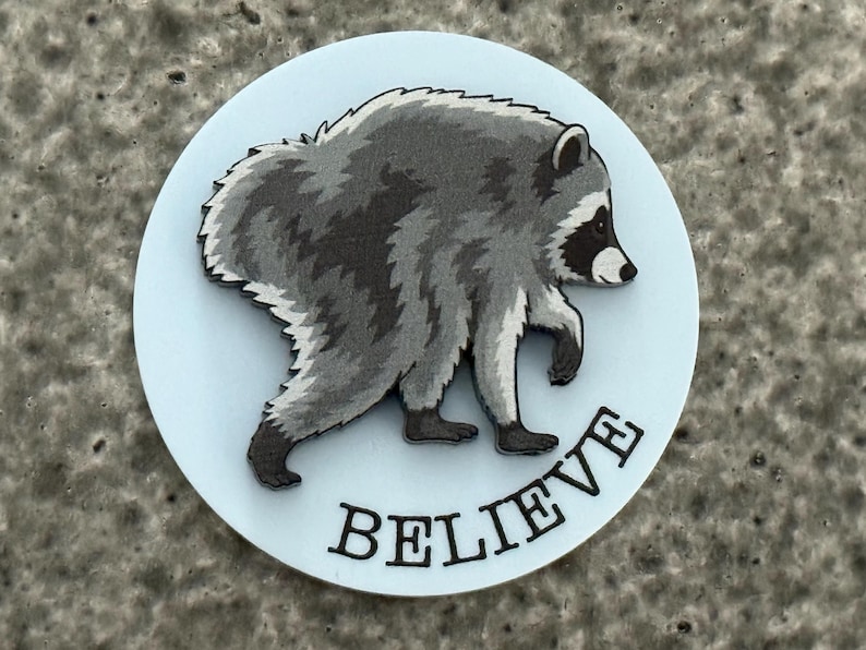 Peut inclure: Un badge circulaire bleu clair orn&eacute; d'une illustration d&eacute;taill&eacute;e d'un raton laveur gris et noir marchant vers la droite. Le mot BELIEVE est imprim&eacute; en lettres capitales noires et grasses le long de la courbe inf&eacute;rieure du badge circulaire.