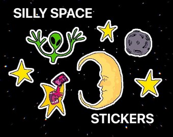 May include: A set of colorful space-themed stickers featuring a green alien, a crescent moon with a face, a yellow star, a purple planet, and a yellow star with a red mouth. The stickers are on a black background with white stars. The text "Silly Space Stickers" is at the top of the image.