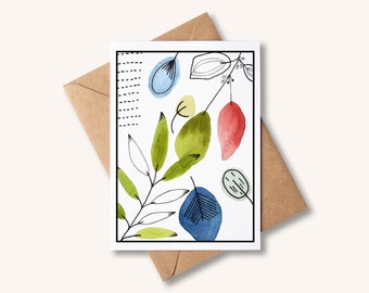 Greeting Card, Watercolour Abstract Leaves, Original handmade Print, Personalised Card, Blank Inside, Any Occasion, Birthday - BA005
