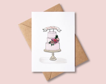 Wedding Card, Watercolour Wedding Cake, Blank Inside, Personalised Card, Pink Cake, Handmade Print - BA085