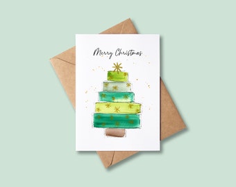 Christmas Card, Watercolour Christmas Tree, Blank Inside, Personalised Card, Handmade Print  - BA053