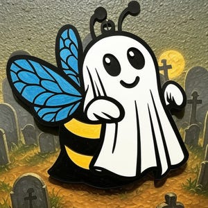 May include: A Halloween decoration combining a ghost and a bee. The white ghost has a smiling face, and the bee has black and yellow stripes, blue wings, and black antennae. The background shows a graveyard with a full moon.