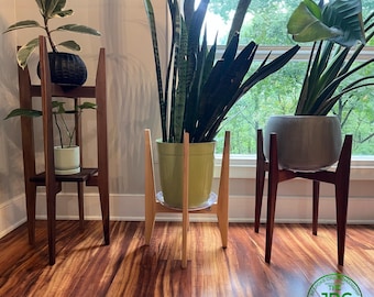 Handmade MCM Plant Stand: Solid Hardwood Modern Home Decor