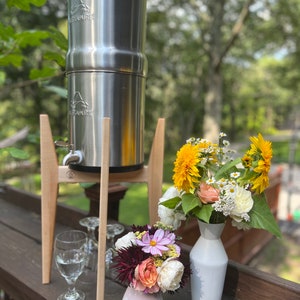Low Water filter stand solid hardwood,small, hand made in USA, original MCM design. Fits Berkey and most gravity water filters.