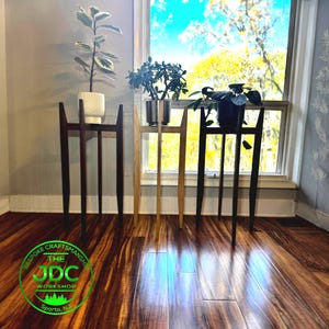 Handmade MCM tall hardwood plant Stand: 32" Tall w/ shelf. Modern Home Decor