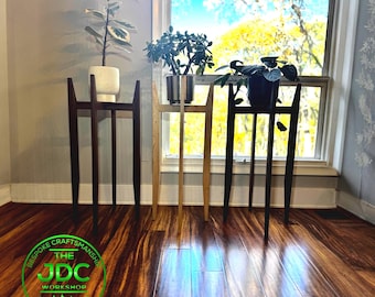Handmade MCM tall hardwood plant Stand: 32" Tall w/ shelf. Modern Home Decor