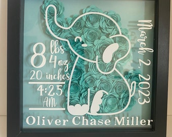 Birth Stat Rolled Flower Elephant Frame