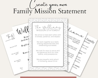 May include: A collection of white cards with text, including a central card labeled "The Williams Mission Statement." The cards are arranged against a light background, with the words "Create your own Family Mission Statement" at the top and "Digital & Editable Kit" at the bottom.