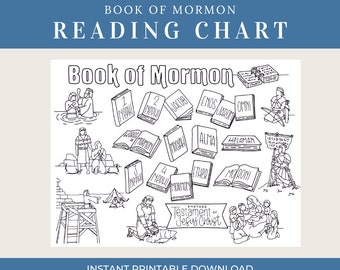 May include: A black and white printable reading chart for the Book of Mormon. The chart features illustrations of key events and characters from the book, including Nephi, Jacob, Alma, and Moroni. The chart also includes the title "Another Testament of Jesus Christ".