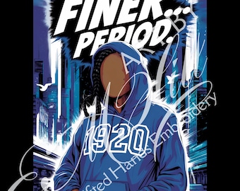 May include: A blue hoodie with the text "FINER PERIOD" in a white speech bubble. The hoodie has the number "1920" on the front and the text "Gifted Hands Embroidery" on the sleeve. The person wearing the hoodie is standing in front of a city skyline.