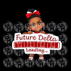 May include: A cartoon illustration of a young girl with dark skin and a red bow in her hair. She holds a sign that reads "Future Delta Loading..." in red and white. The background is black with repeating logos.