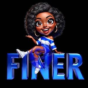 Puede incluir: Una ilustración de dibujos animados de una mujer negra con el pelo rizado que lleva una camisa a rayas azul y blanca y zapatillas blancas sentada en la palabra "FINER" en letras 3D azules.