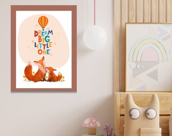 Afdrukbare, digitale download, Fox "Dream Big Little One" digitale kunstdownload voor een kinderkamer