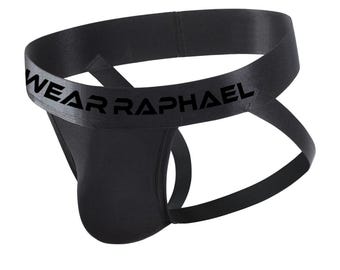 Pode incluir: Jockstrap preto com alças ajustáveis e o texto "WEAR RAPHAEL" impresso na cintura.