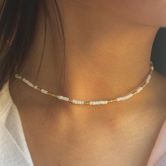 Gold and White Seed Bead Necklace Jewelry for Teens Trendy Jewelry
