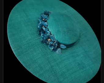 Handcrafted Sinamay Boater Hat, Wide Brim Floral Embellishment, Elegant Occasion Wear.