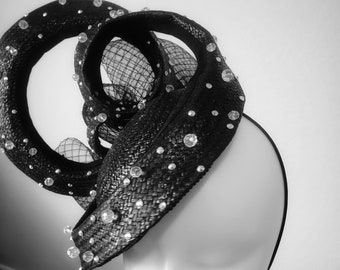 Black mat freeform fascinator for Derby, Royal ascot, weddings, funerals, and all formal occasions