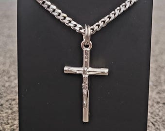Stainless Steel Silver Chain with Cross Pendant – 61cm Length, 3.6mm Width | Minimalist Crucifix Necklace | Unisex Christian Gift