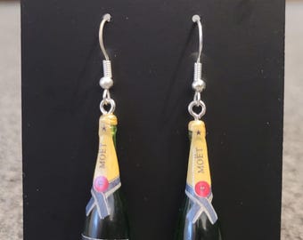 Champagne Bottle Earrings – Moët Style Earrings with Blue Bow, Novelty Sparkling Wine Jewellery, Fun Gift for Her, Party Accessory
