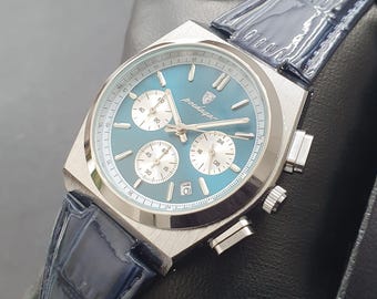 Men Chronograph Watch Smart Casual Business Luxury Sport Classic Blue Leather Strap Wristwatch