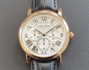 Men Chronograph Watch Classic Smart Business Casual Luxury Roman Numeral Gold Black Leather Strap Professional Gentleman Wristwatch