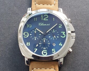 Men Chronograph Watch Luminous Classic Steel Case Blue Dial Marine Sport Brown Leather Strap Wristwatch