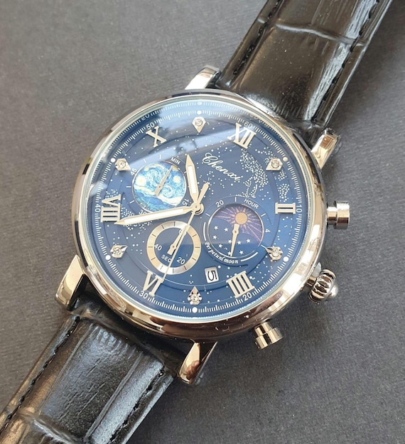 Men Chronograph Watch Moon Phase Luminous Classic Smart Business Casual Luxury Roman Numeral Leather Strap Professional Gentleman Wristwatch