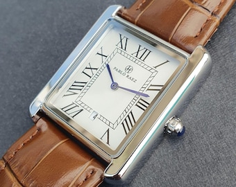 Men Classic Watch Square Rectangular Brown Leather Strap Roman Numeral Luxury Smart Casual Business Professional Gentleman Wristwatch