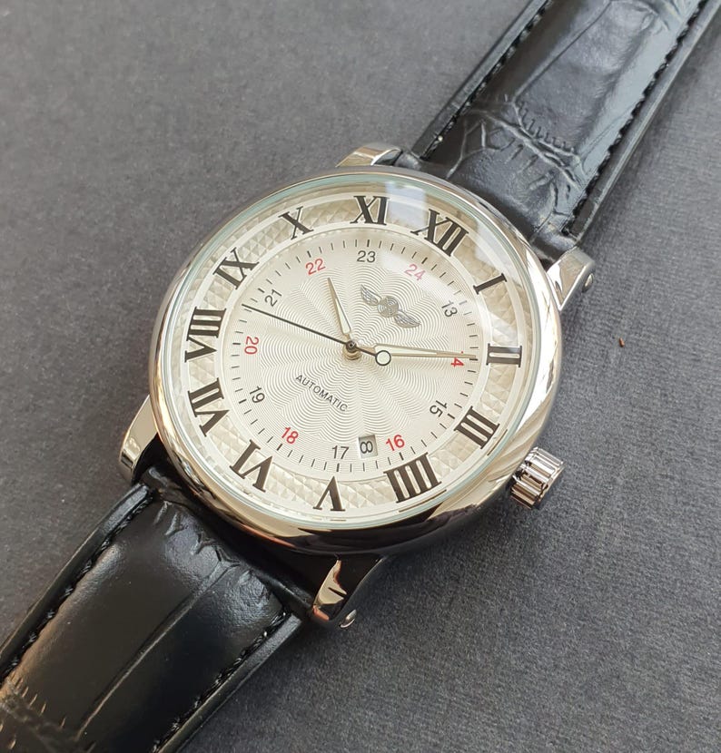Herrklocka Automatisk Självuppdragande Mekaniskt Urverk Romerska Siffror Svart Läderarmband Lyxigt Klassiskt Professionellt Gentlemanarmbandsur bild 2