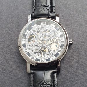 Men Automatic Watch Manual Winding Mechanical Balance Wheel Movement Skeleton Black Leather Strap Classic Professional Gentleman Wristwatch image 5