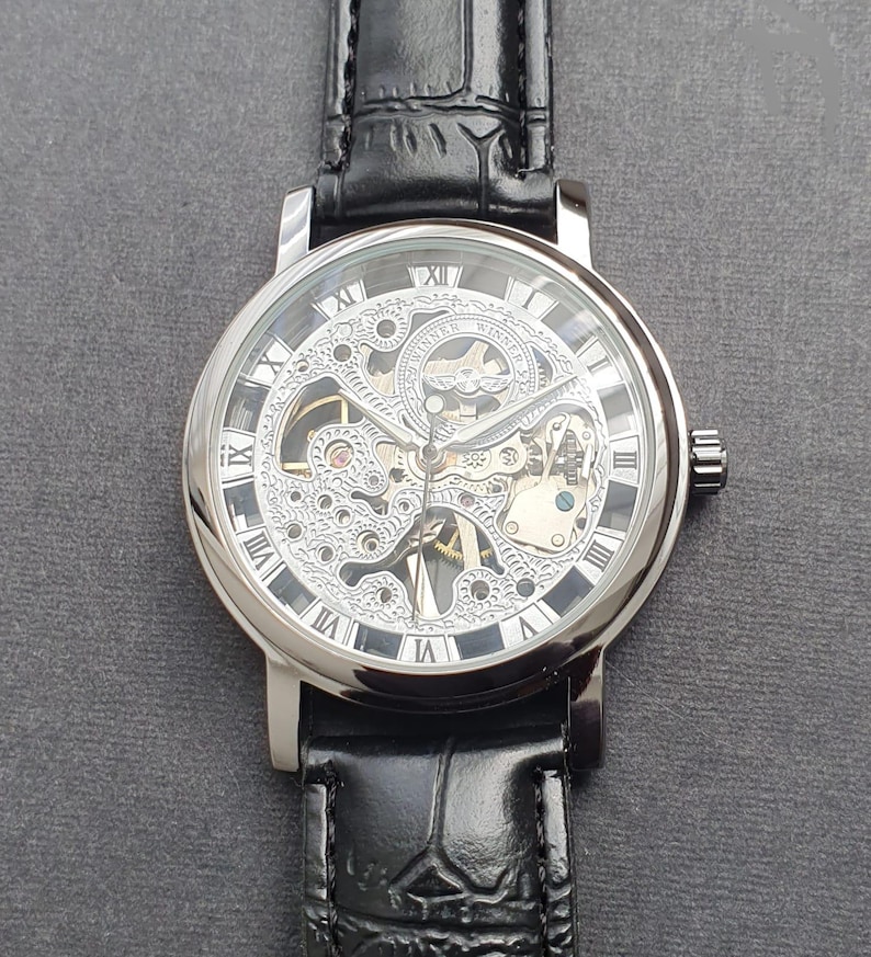 Men Automatic Watch Manual Winding Mechanical Balance Wheel Movement Skeleton Black Leather Strap Classic Professional Gentleman Wristwatch image 5