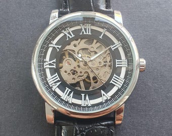 Orologio automatico da uomo, meccanico a carica automatica, impermeabile, di lusso, con numeri romani e quadrante in vera pelle, Nero , cinturino