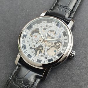 Men Automatic Watch Manual Winding Mechanical Balance Wheel Movement Skeleton Black Leather Strap Classic Professional Gentleman Wristwatch image 7