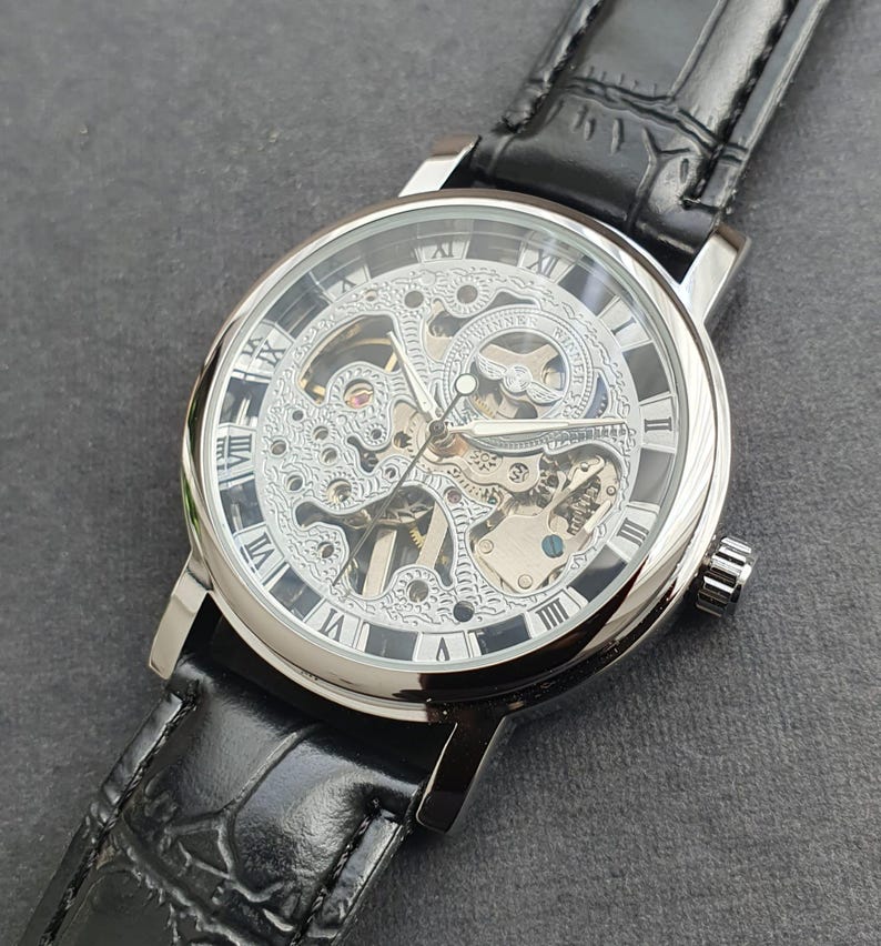 Men Automatic Watch Manual Winding Mechanical Balance Wheel Movement Skeleton Black Leather Strap Classic Professional Gentleman Wristwatch image 7