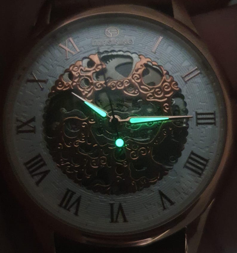 Pode incluir: Um rel&oacute;gio de pulso com mostrador branco com marcadores de hora em algarismos romanos e um movimento esquel&eacute;tico dourado vis&iacute;vel atrav&eacute;s do mostrador. As ponteiras do rel&oacute;gio e os marcadores de hora brilham em verde no escuro.