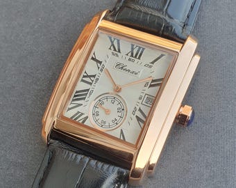 Men Classic Watch Smart Casual Business Square Rose Gold Roman Numeral Black Leather Strap Professional Gentleman Quartz Wristwatch