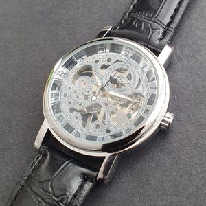 Men Automatic Watch Manual Winding Mechanical Balance Wheel Movement Skeleton Black Leather Strap Classic Professional Gentleman Wristwatch image 1