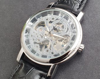 Men Automatic Watch Manual Winding Mechanical Balance Wheel Movement Skeleton Black Leather Strap Classic Professional Gentleman Wristwatch