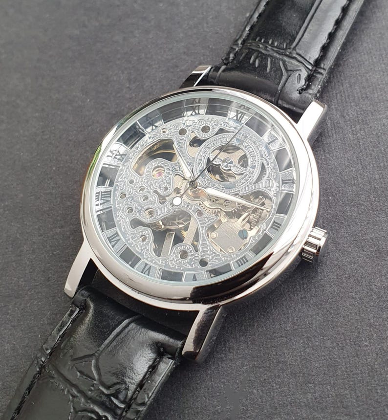 Men Automatic Watch Manual Winding Mechanical Balance Wheel Movement Skeleton Black Leather Strap Classic Professional Gentleman Wristwatch image 1