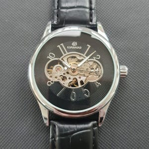 Men Automatic Watch Manual Winding Mechanical Movement Skeleton Black Leather Strap Luxury Classic Professional Gentleman Wristwatch
