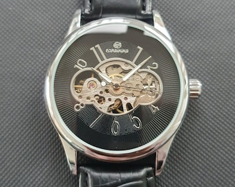 Orologio automatico da uomo, movimento meccanico a carica manuale, cinturino in pelle nera, orologio da polso professionale classico da gentiluomo di lusso