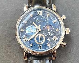 Men Chronograph Watch Rose Moon Phase Classic Luminous Roman Numeral Black Leather Strap Professional Gentleman Wristwatch